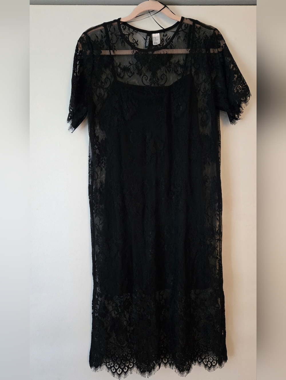 H&M x DIVIDED~Black Lace Sheer Slip Dress with Floral Pattern~LBD